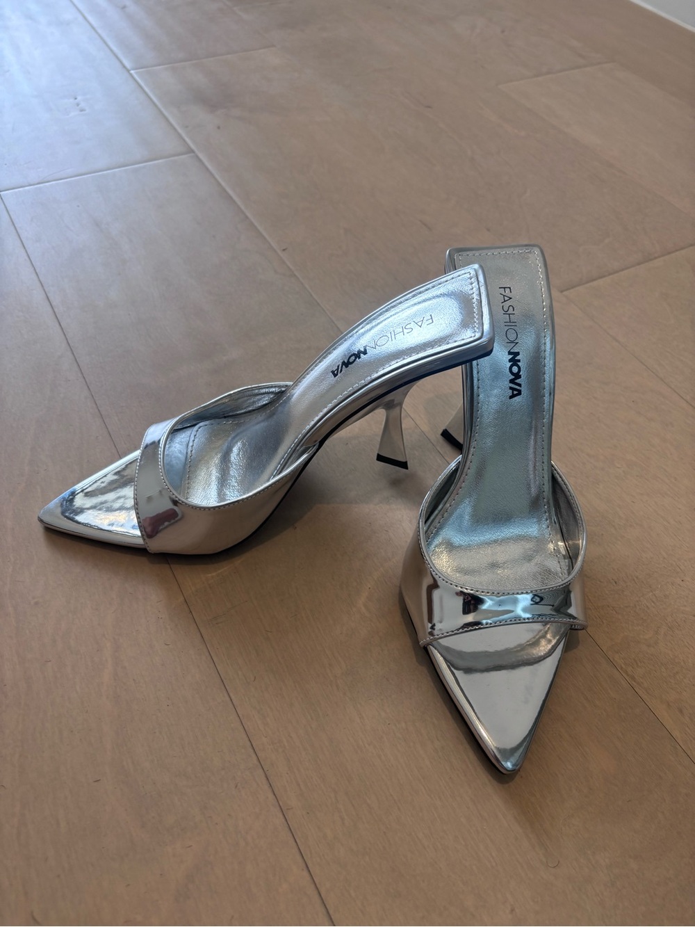 Fashion Nova Silver Metallic Pointed Toe Mule Heels